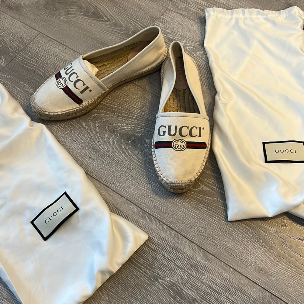 Gucci White Canvas And Leather Trim Logo Print Espadrilles Size 38.5